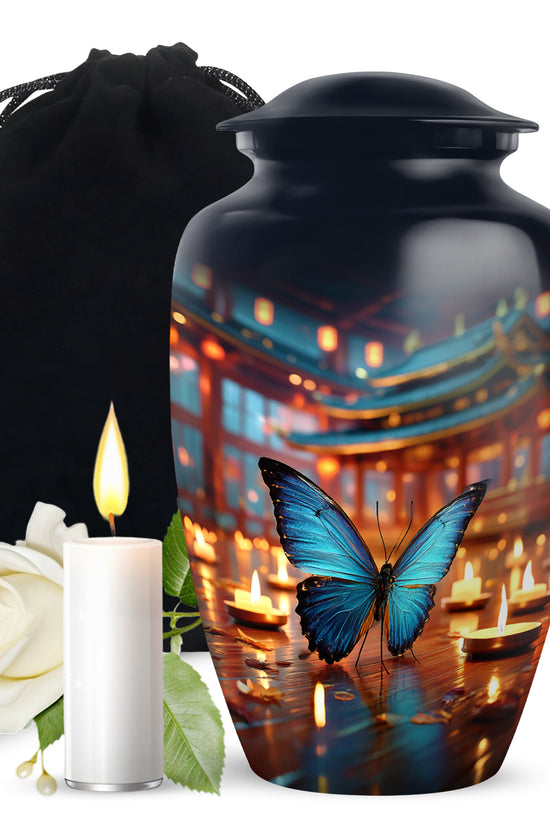 Cobalt Blue Butterfly Cremation Urn angled view of lid and engraved motif - elegant classic butterfly relief with fine detailing - full-size 10 inch 200 cubic inch adult cremation urn
