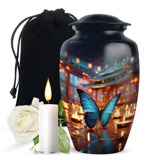 Cobalt Blue Butterfly Cremation Urn angled view of lid and engraved motif - elegant classic butterfly relief with fine detailing - full-size 10 inch 200 cubic inch adult cremation urn