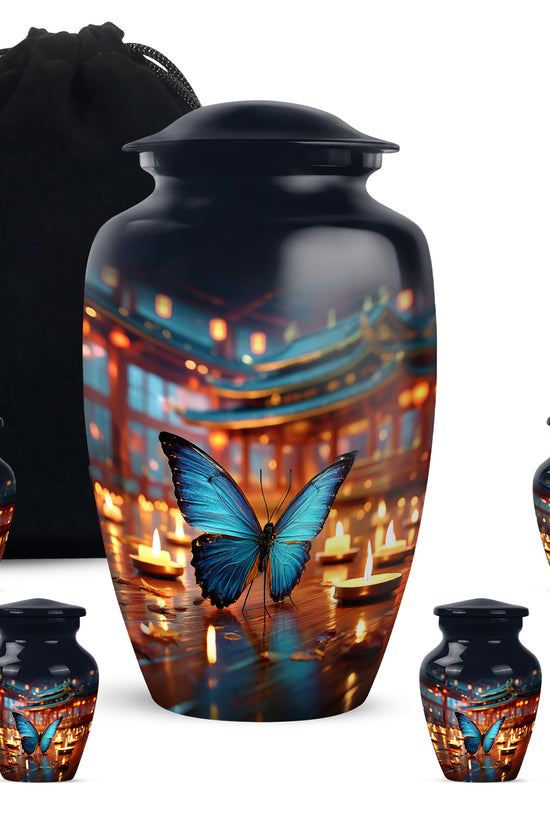 Pastel Blue Butterfly Cremation Urn top-down view of secure threaded lid - timeless butterfly motif etched into premium metal - memorial set with one large and four small urns