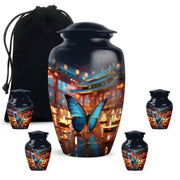 Pastel Blue Butterfly Cremation Urn top-down view of secure threaded lid - timeless butterfly motif etched into premium metal - memorial set with one large and four small urns