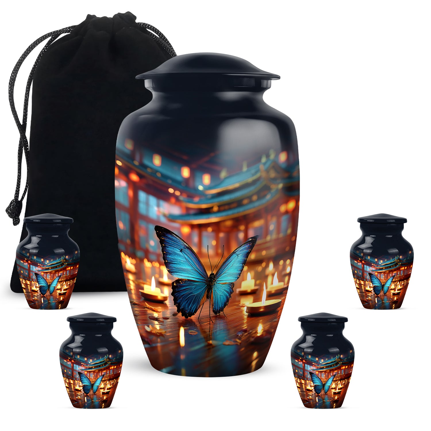Pastel Blue Butterfly Cremation Urn top-down view of secure threaded lid - timeless butterfly motif etched into premium metal - memorial set with one large and four small urns