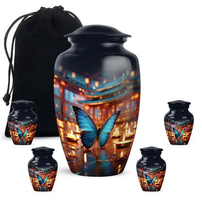 Pastel Blue Butterfly Cremation Urn top-down view of secure threaded lid - timeless butterfly motif etched into premium metal - memorial set with one large and four small urns