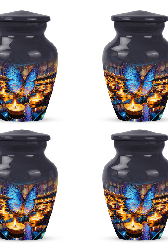 Storm Gray Butterfly Cremation Urn side profile showing urn shape - traditional butterfly engraving with hand-polished finish - 10 inch aluminum urn for cremated remains