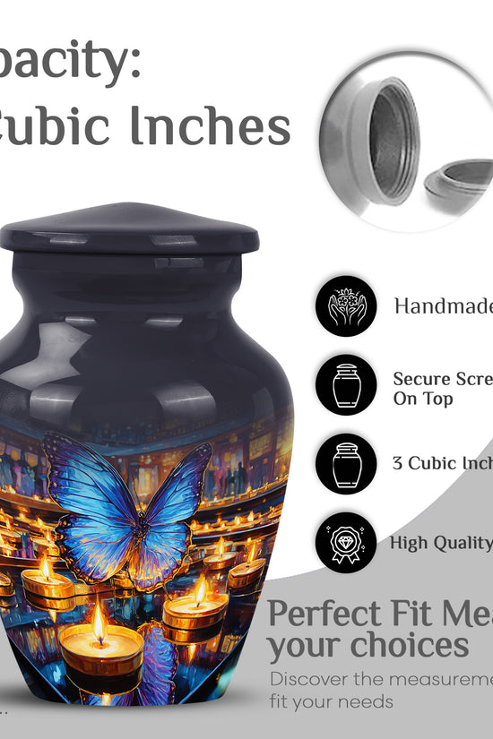 Storm Gray Butterfly Cremation Urn close-up of engraving and surface detail - traditional butterfly engraving with hand-polished finish - mini keepsake memorial for portion of cremation ashes