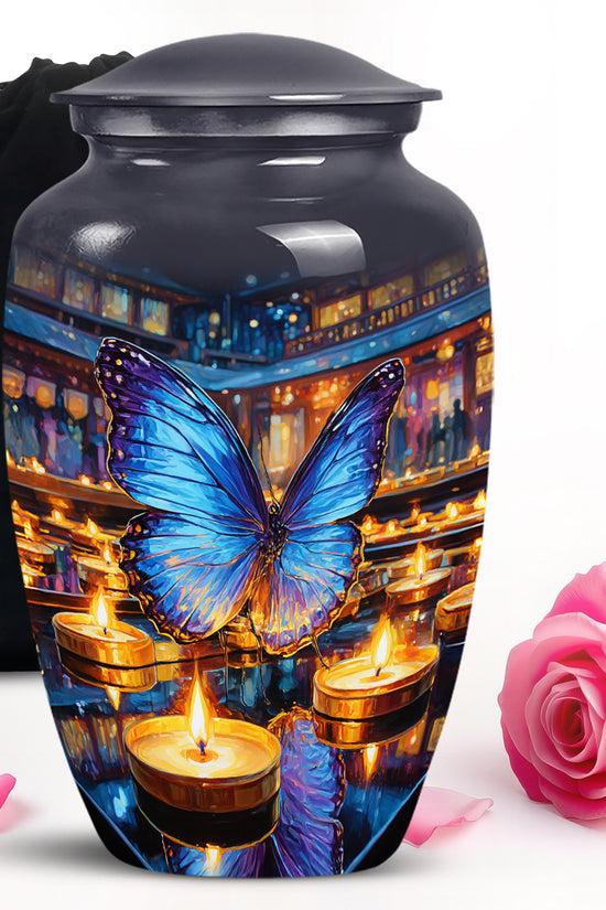 Smoke Gray Butterfly Cremation Urn angled view of lid and engraved motif - elegant classic butterfly relief with fine detailing - full-size 10 inch 200 cubic inch adult cremation urn
