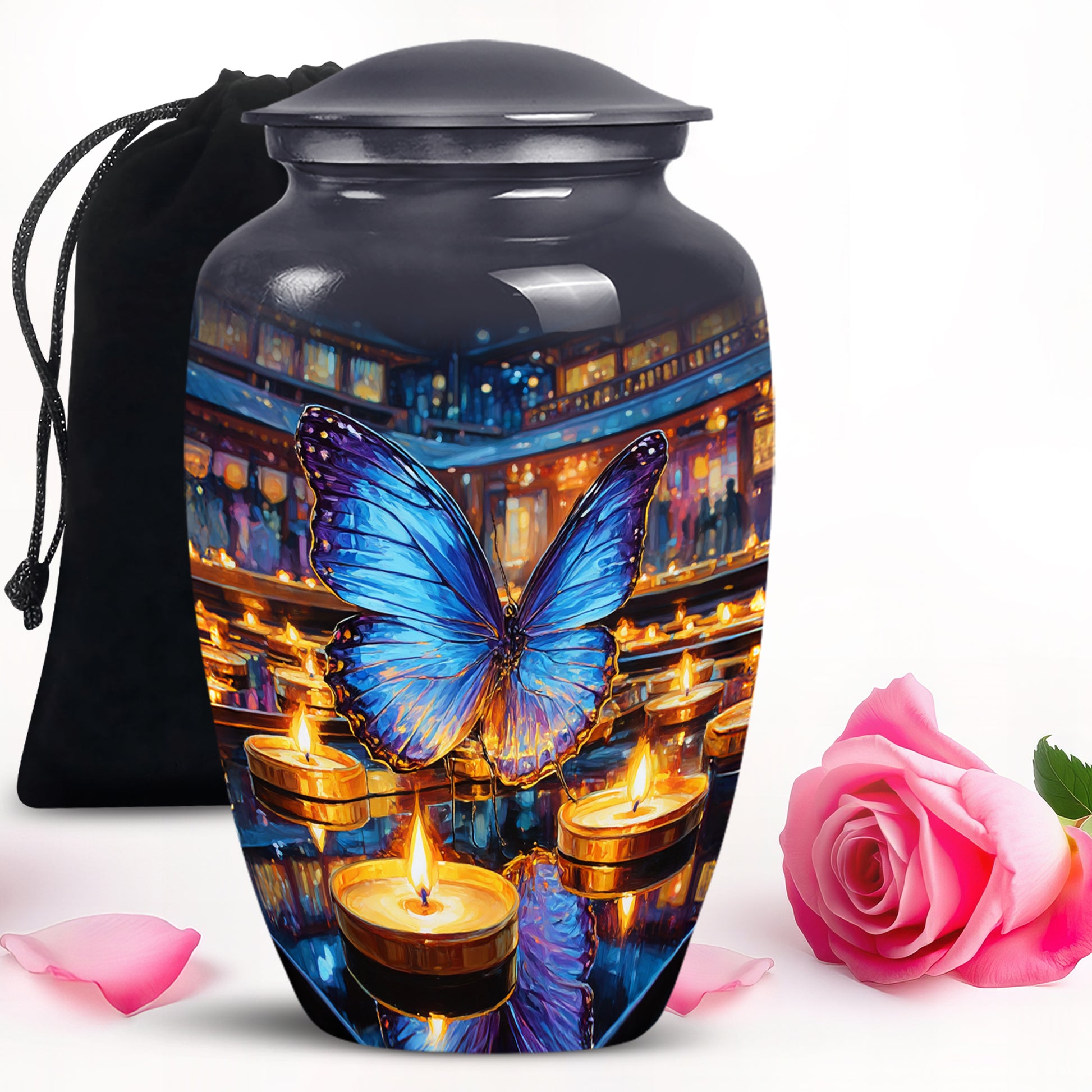 Smoke Gray Butterfly Cremation Urn angled view of lid and engraved motif - elegant classic butterfly relief with fine detailing - full-size 10 inch 200 cubic inch adult cremation urn