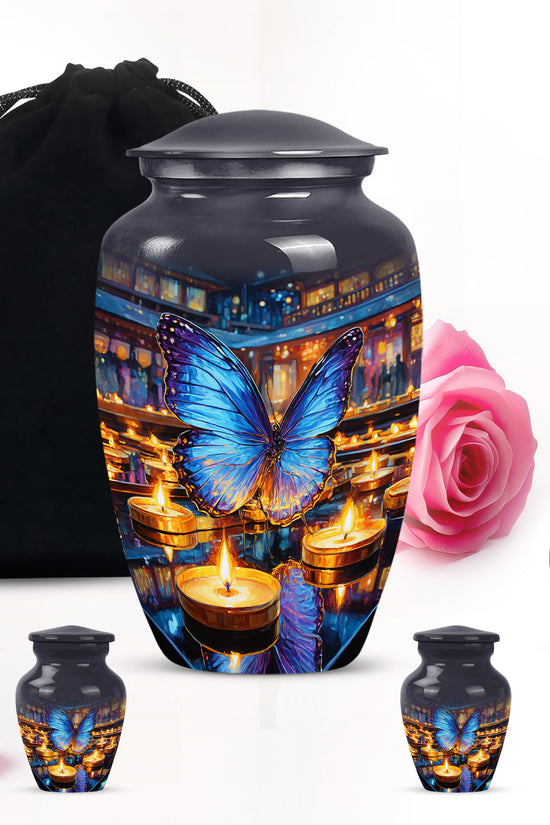 Pewter Gray Butterfly Cremation Urn top-down view of secure threaded lid - classic sculpted butterfly pattern on smooth aluminum - memorial set with one large and four small urns