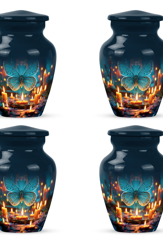 Royal Blue Butterfly Cremation Urn side profile showing urn shape - elegant classic butterfly relief with fine detailing - 10 inch aluminum urn for cremated remains