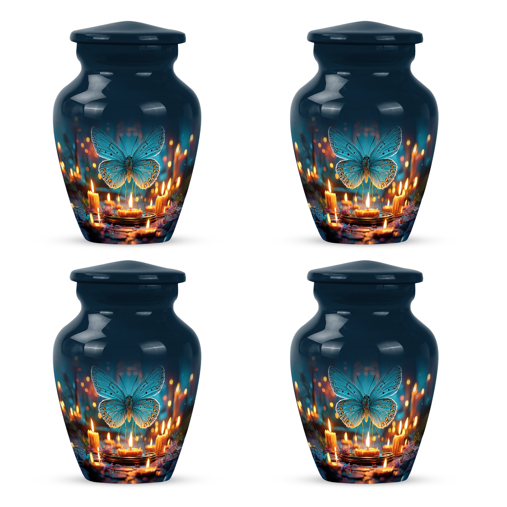 Royal Blue Butterfly Cremation Urn side profile showing urn shape - elegant classic butterfly relief with fine detailing - 10 inch aluminum urn for cremated remains