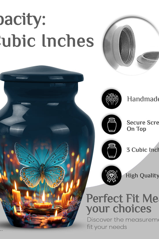 Slate Blue Butterfly Cremation Urn close-up of engraving and surface detail - timeless butterfly motif etched into premium metal - mini keepsake memorial for portion of cremation ashes
