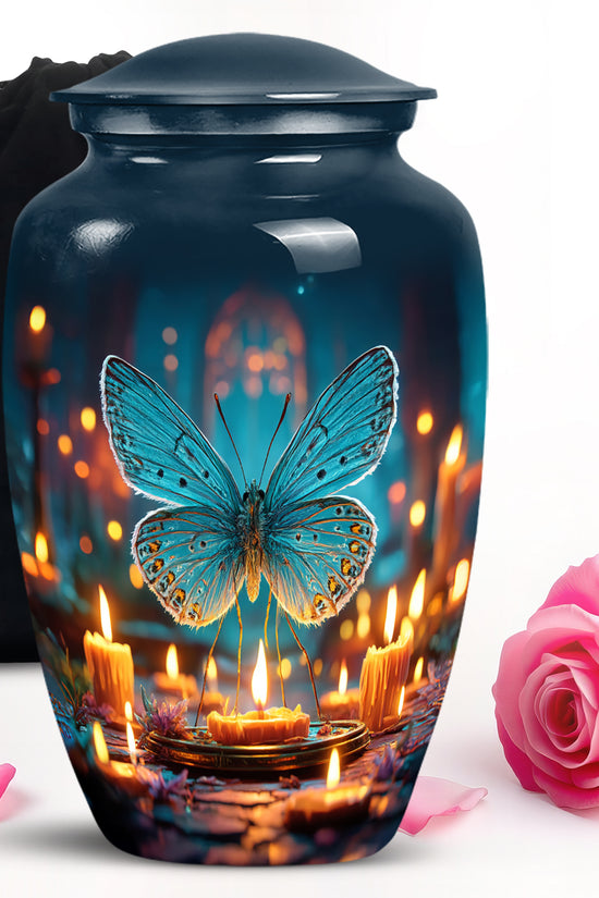 Calming Blue Butterfly Cremation Urn angled view of lid and engraved motif - elegant classic butterfly relief with fine detailing - full-size 10 inch 200 cubic inch adult cremation urn