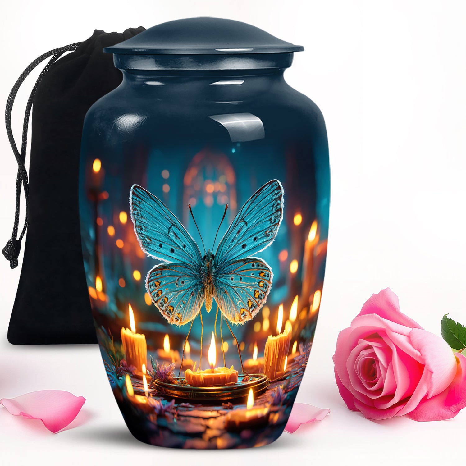Calming Blue Butterfly Cremation Urn angled view of lid and engraved motif - elegant classic butterfly relief with fine detailing - full-size 10 inch 200 cubic inch adult cremation urn