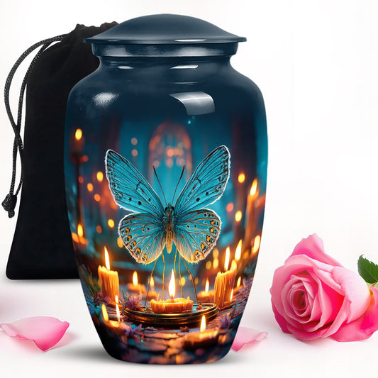 Calming Blue Butterfly Cremation Urn angled view of lid and engraved motif - elegant classic butterfly relief with fine detailing - full-size 10 inch 200 cubic inch adult cremation urn