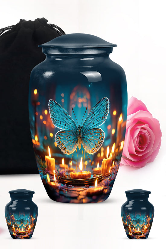 Sky Blue Butterfly Cremation Urn top-down view of secure threaded lid - classic sculpted butterfly pattern on smooth aluminum - memorial set with one large and four small urns