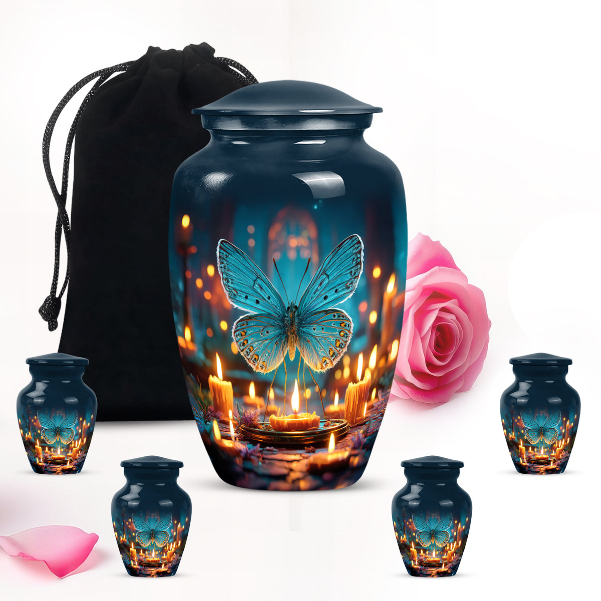 Sky Blue Butterfly Cremation Urn top-down view of secure threaded lid - classic sculpted butterfly pattern on smooth aluminum - memorial set with one large and four small urns