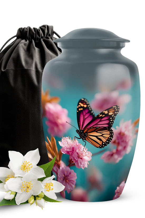 Pink Butterfly Funeral Urn - Floral Cremation Urn For Human Ashes