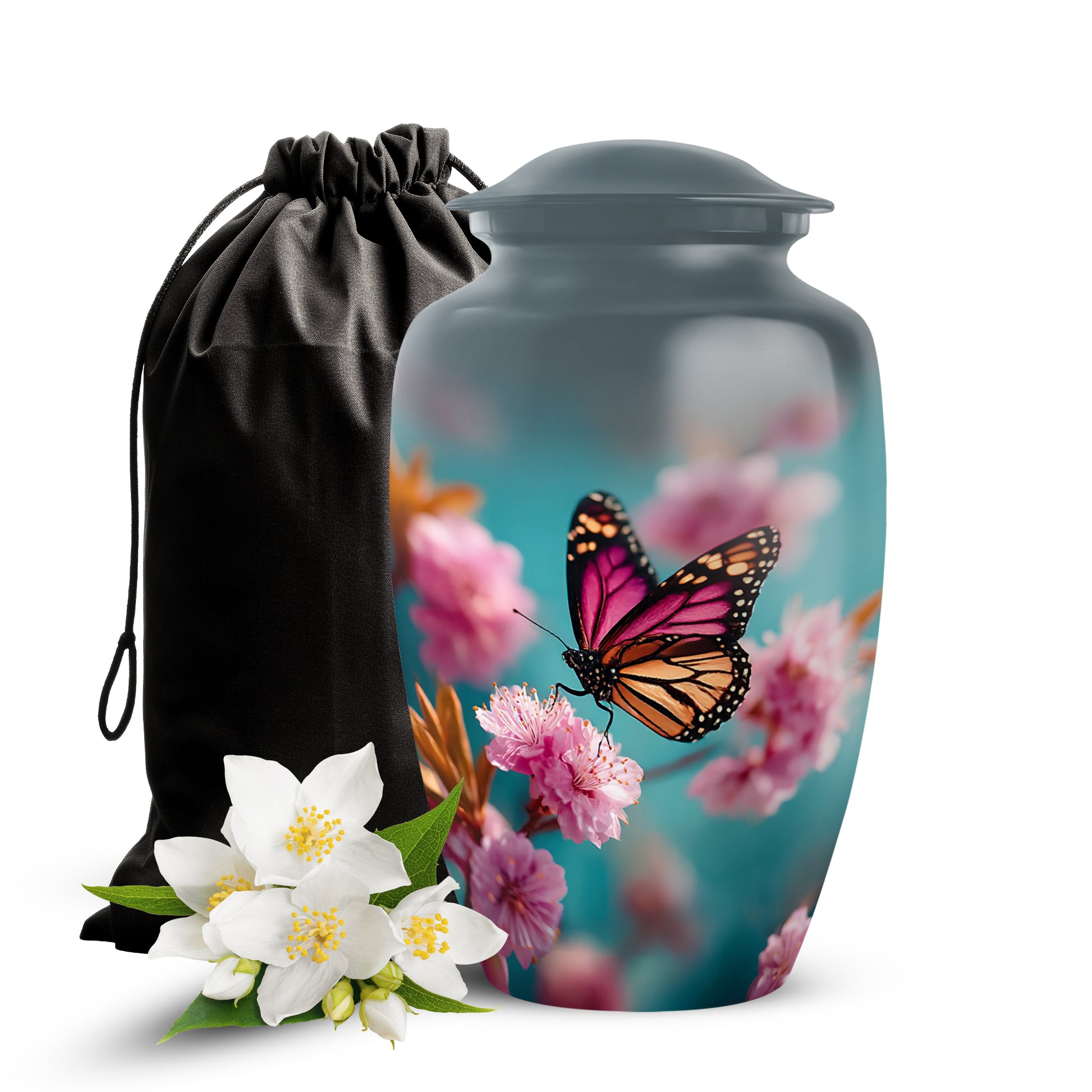 Pink Butterfly Funeral Urn - Floral Cremation Urn For Human Ashes