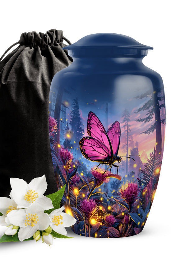 Pink Butterfly Forest Funeral Urn - Pink Flower Theme Cremation Urn For Burial
