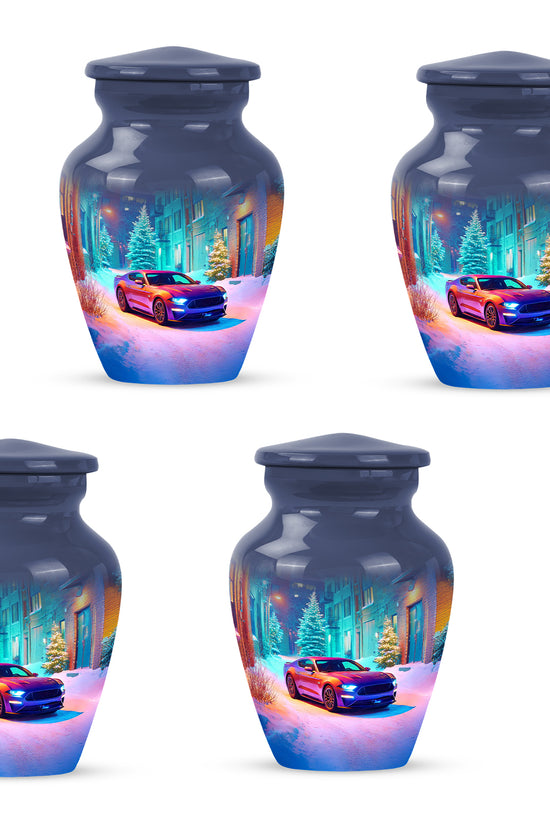 Navy Blue Car Cremation Urn side profile showing urn shape - classic sculpted car pattern on smooth aluminum - 10 inch aluminum urn for cremated remains