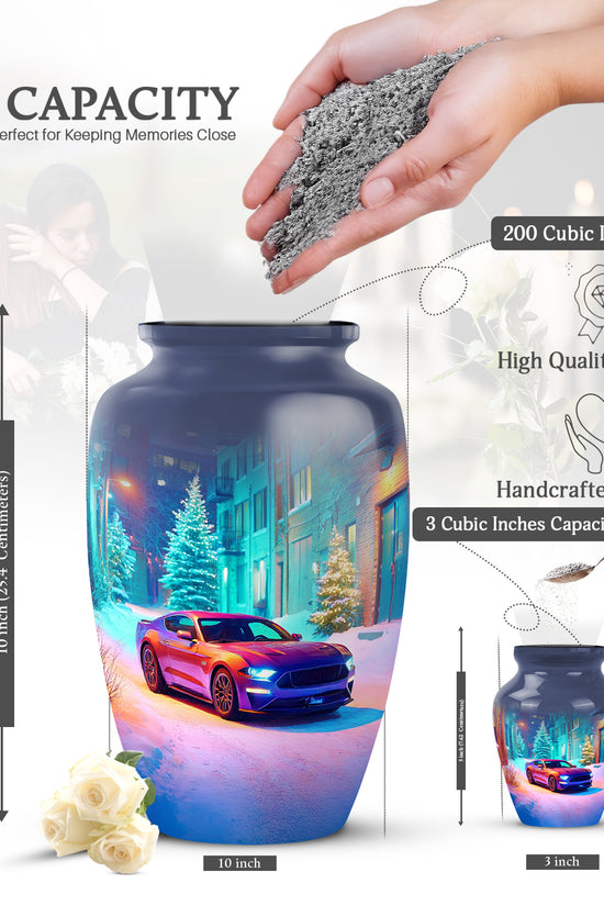 Bright Blue Car Cremation Urn close-up of engraving and surface detail - elegant classic car relief with fine detailing - mini keepsake memorial for portion of cremation ashes