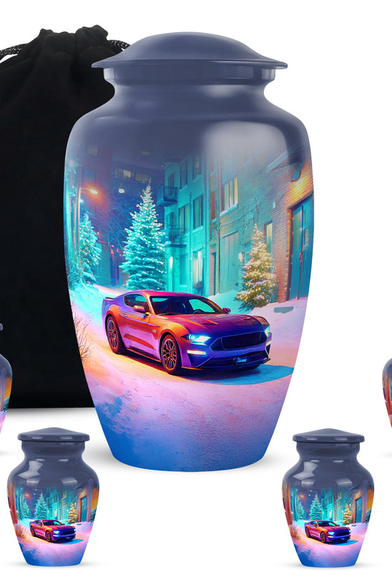 Powder Blue Car Cremation Urn top-down view of secure threaded lid - timeless car motif etched into premium metal - memorial set with one large and four small urns