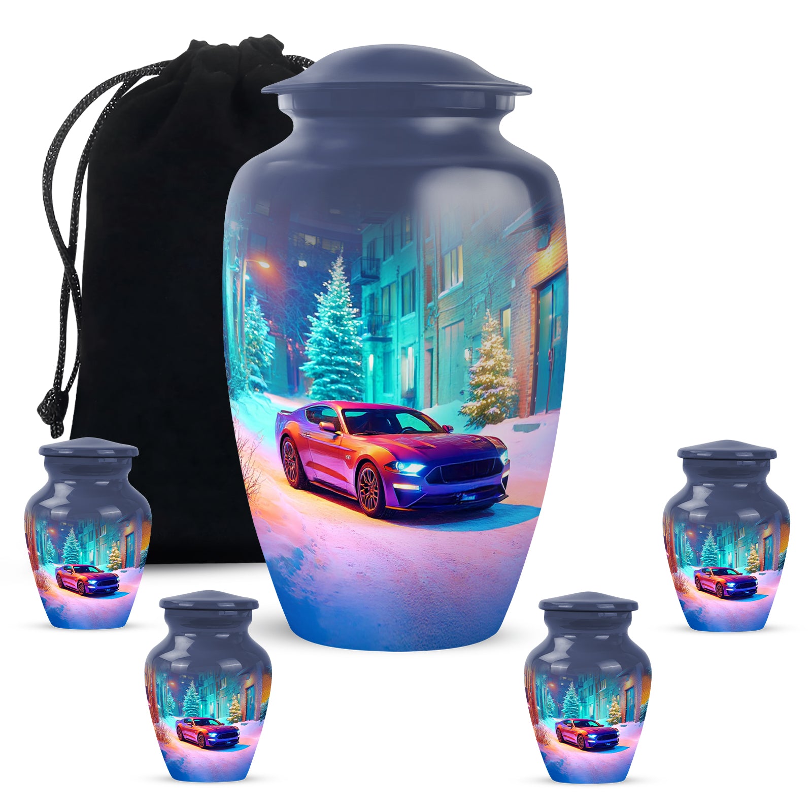 Powder Blue Car Cremation Urn top-down view of secure threaded lid - timeless car motif etched into premium metal - memorial set with one large and four small urns