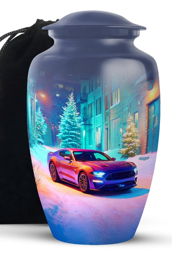 Icy Blue Car Cremation Urn angled view of lid and engraved motif - timeless car motif etched into premium metal - full-size 10 inch 200 cubic inch adult cremation urn