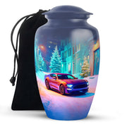 Icy Blue Car Cremation Urn angled view of lid and engraved motif - timeless car motif etched into premium metal - full-size 10 inch 200 cubic inch adult cremation urn