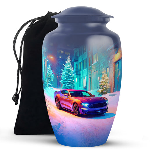 Icy Blue Car Cremation Urn angled view of lid and engraved motif - timeless car motif etched into premium metal - full-size 10 inch 200 cubic inch adult cremation urn