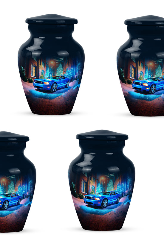 Serene Blue Car Cremation Urn side profile showing urn shape - traditional car engraving with hand-polished finish - 10 inch aluminum urn for cremated remains