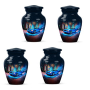 Serene Blue Car Cremation Urn side profile showing urn shape - traditional car engraving with hand-polished finish - 10 inch aluminum urn for cremated remains