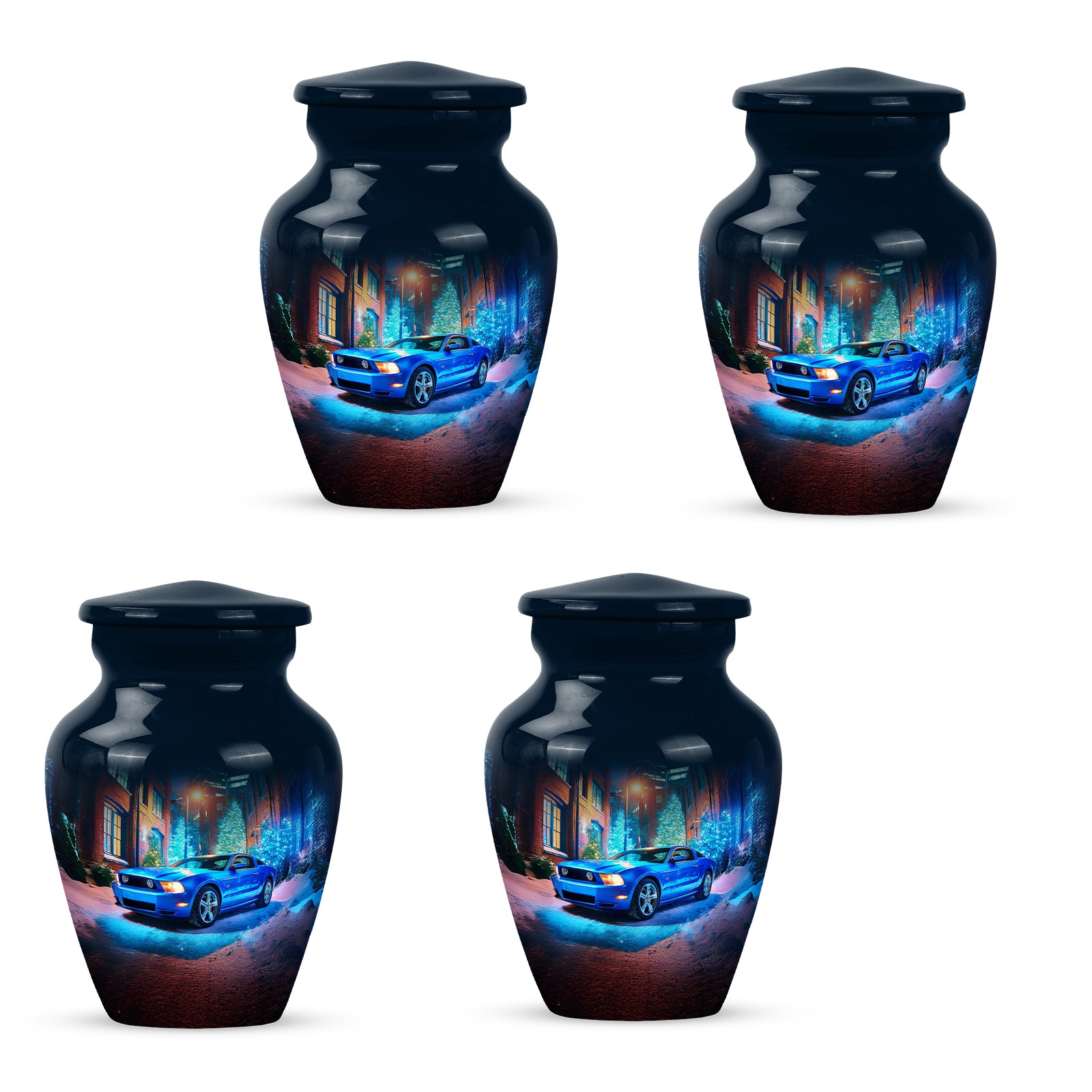Serene Blue Car Cremation Urn side profile showing urn shape - traditional car engraving with hand-polished finish - 10 inch aluminum urn for cremated remains