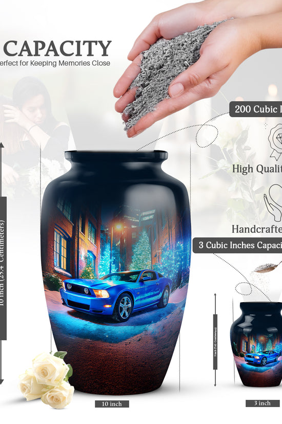 Navy Blue Car Cremation Urn close-up of engraving and surface detail - classic sculpted car pattern on smooth aluminum - mini keepsake memorial for portion of cremation ashes