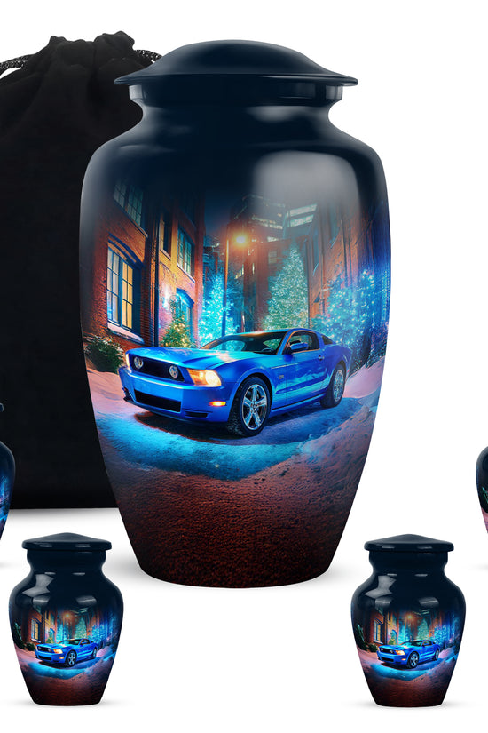 Celestial Blue Car Cremation Urn top-down view of secure threaded lid - classic sculpted car pattern on smooth aluminum - memorial set with one large and four small urns