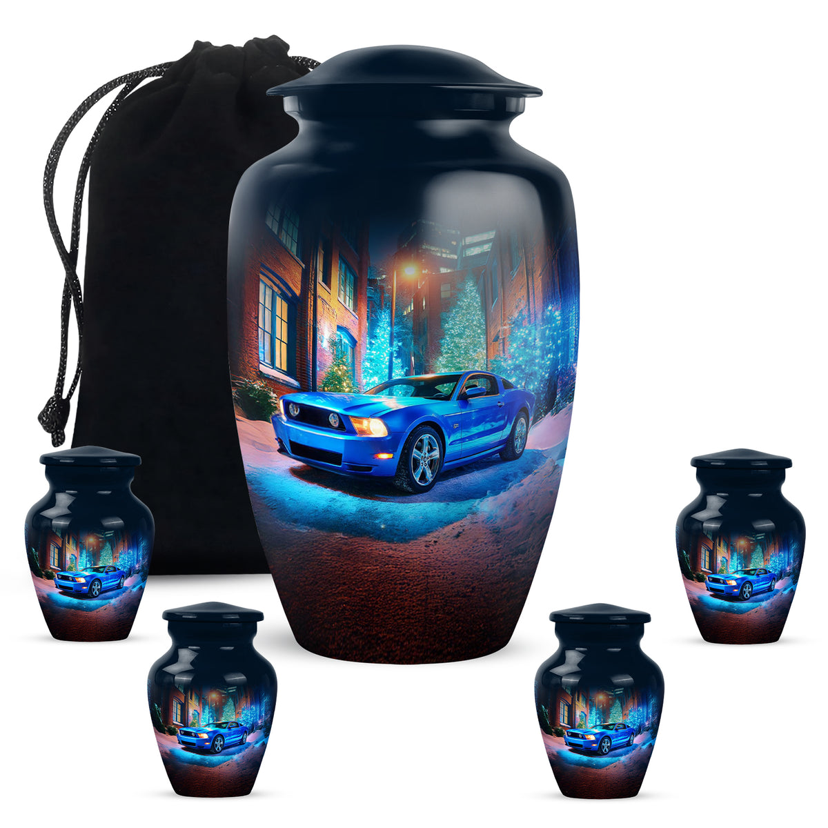 Celestial Blue Car Cremation Urn top-down view of secure threaded lid - classic sculpted car pattern on smooth aluminum - memorial set with one large and four small urns