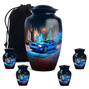 Celestial Blue Car Cremation Urn top-down view of secure threaded lid - classic sculpted car pattern on smooth aluminum - memorial set with one large and four small urns