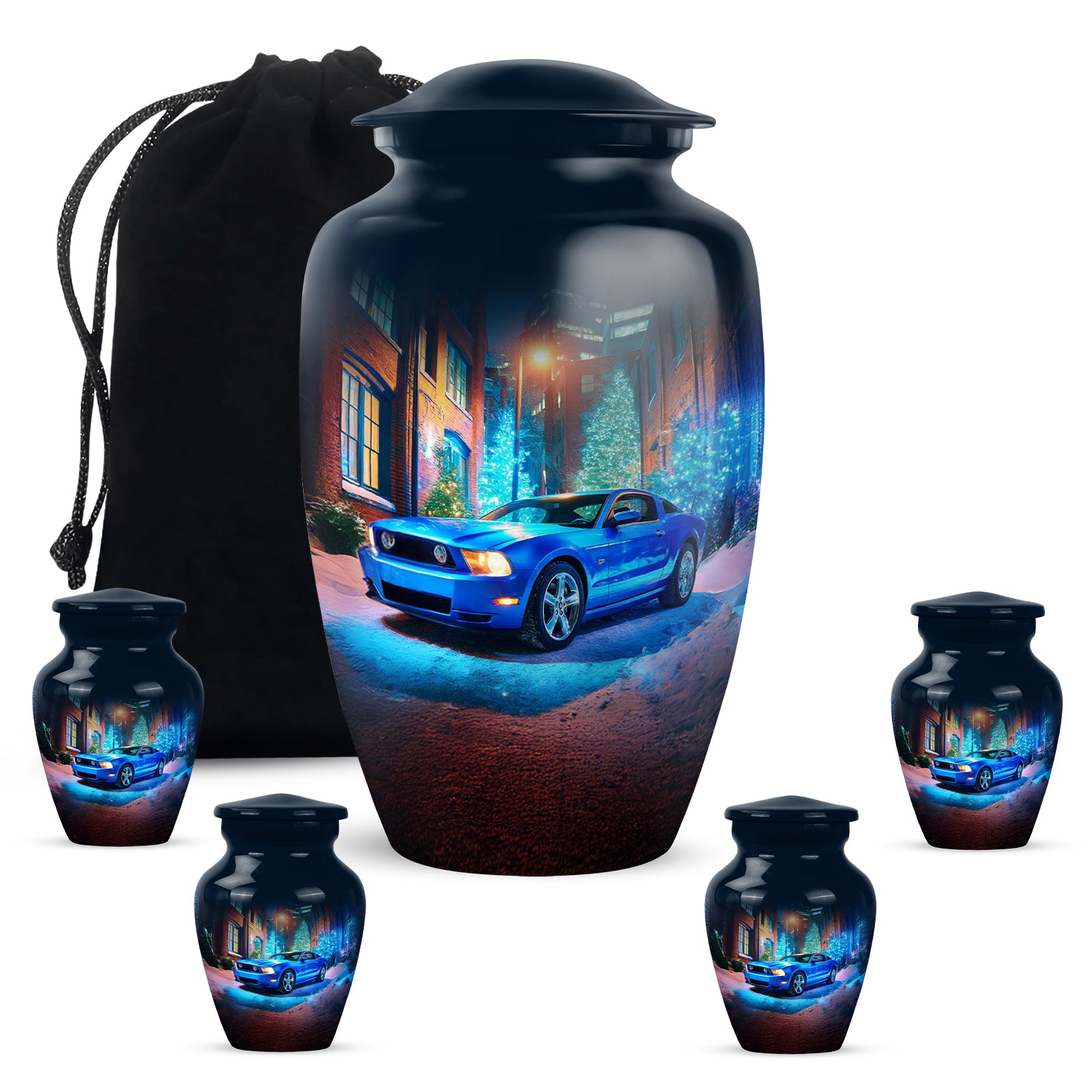 Celestial Blue Car Cremation Urn top-down view of secure threaded lid - classic sculpted car pattern on smooth aluminum - memorial set with one large and four small urns
