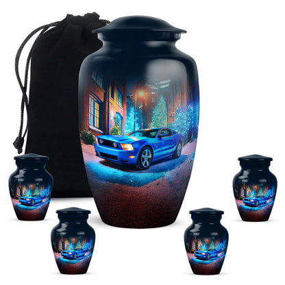 Celestial Blue Car Cremation Urn top-down view of secure threaded lid - classic sculpted car pattern on smooth aluminum - memorial set with one large and four small urns