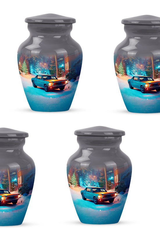 Charcoal Gray Car Cremation Urn side profile showing urn shape - classic sculpted car pattern on smooth aluminum - 10 inch aluminum urn for cremated remains