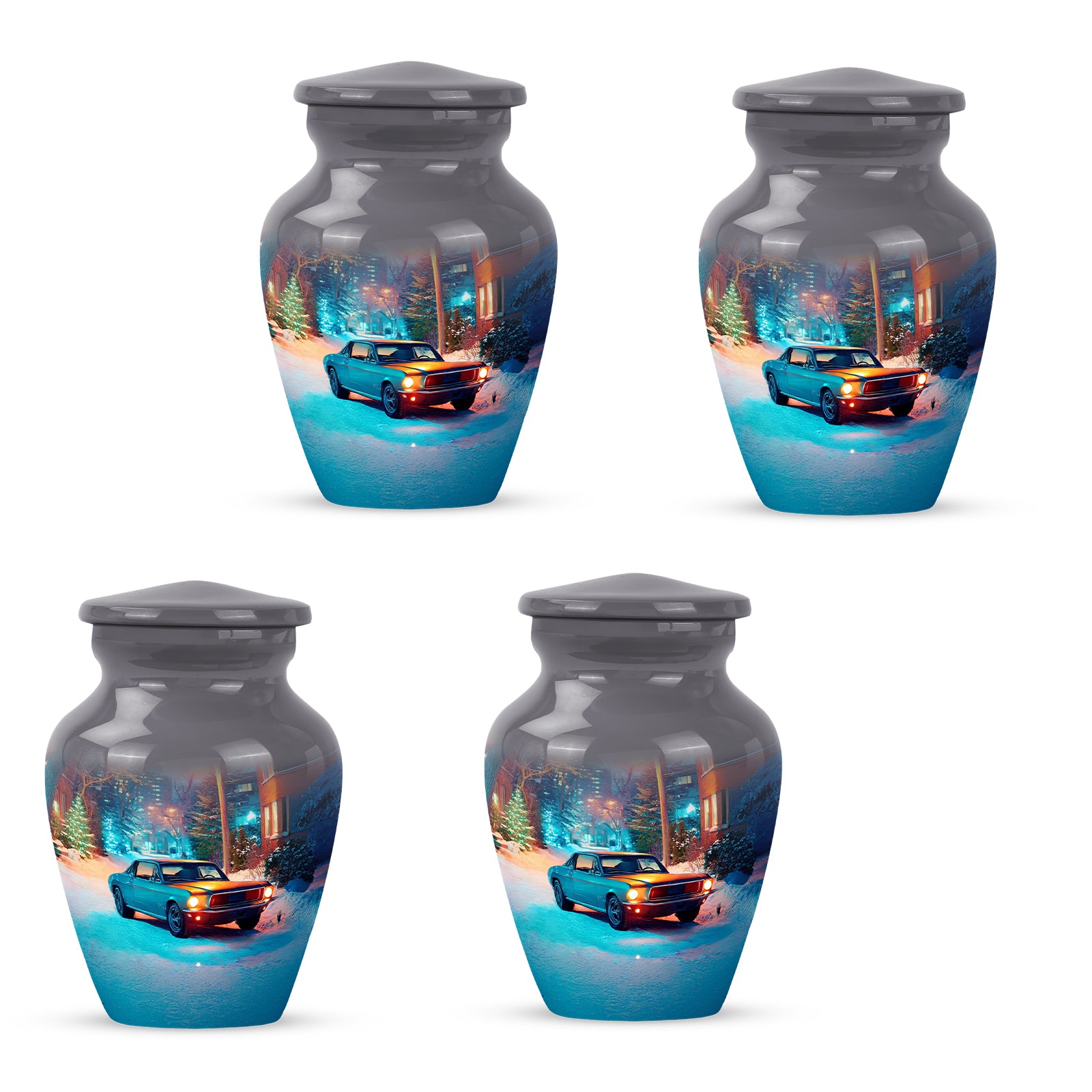 Charcoal Gray Car Cremation Urn side profile showing urn shape - classic sculpted car pattern on smooth aluminum - 10 inch aluminum urn for cremated remains