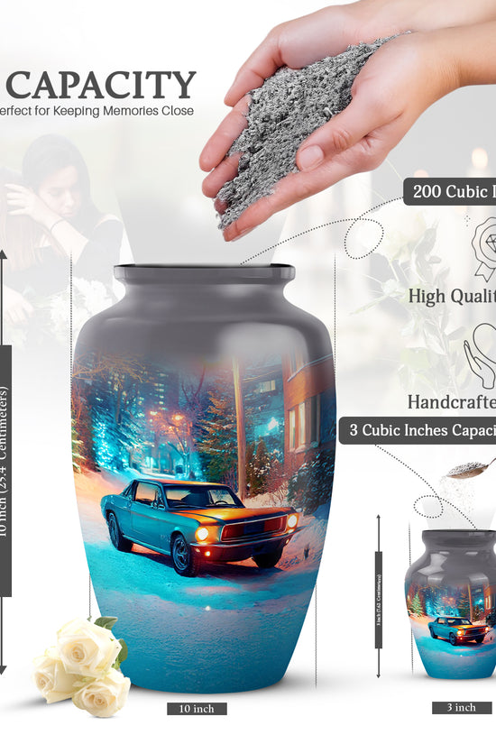 Charcoal Gray Car Cremation Urn close-up of engraving and surface detail - classic sculpted car pattern on smooth aluminum - mini keepsake memorial for portion of cremation ashes
