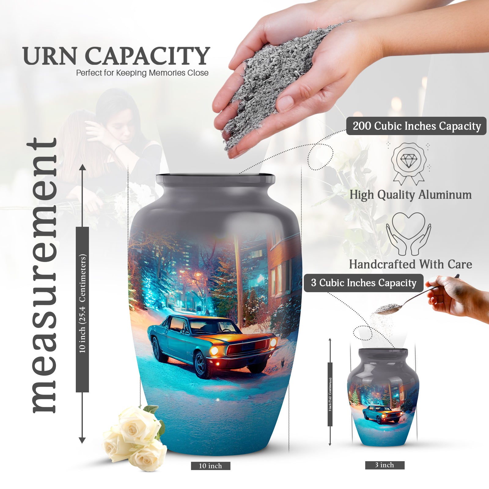 Charcoal Gray Car Cremation Urn close-up of engraving and surface detail - classic sculpted car pattern on smooth aluminum - mini keepsake memorial for portion of cremation ashes