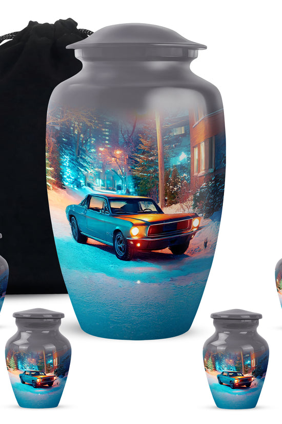 Smoke Gray Car Cremation Urn top-down view of secure threaded lid - traditional car engraving with hand-polished finish - memorial set with one large and four small urns