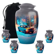Smoke Gray Car Cremation Urn top-down view of secure threaded lid - traditional car engraving with hand-polished finish - memorial set with one large and four small urns