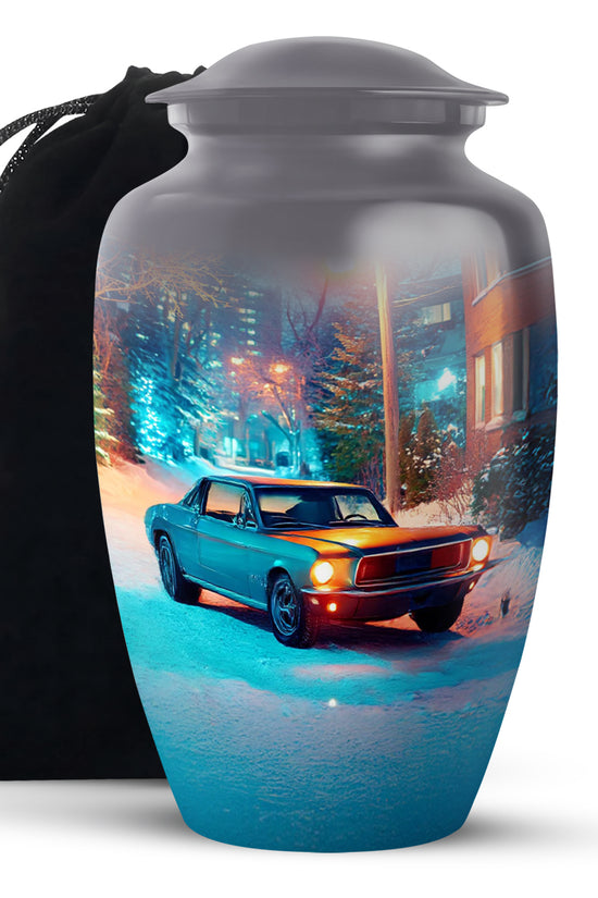 Mist Gray Car Cremation Urn angled view of lid and engraved motif - classic sculpted car pattern on smooth aluminum - full-size 10 inch 200 cubic inch adult cremation urn