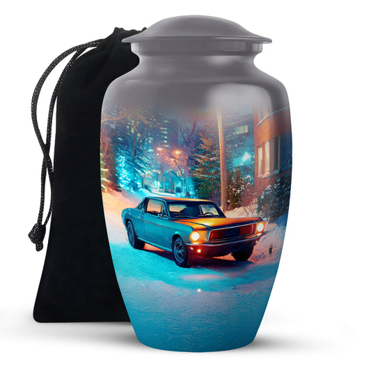 Mist Gray Car Cremation Urn angled view of lid and engraved motif - classic sculpted car pattern on smooth aluminum - full-size 10 inch 200 cubic inch adult cremation urn