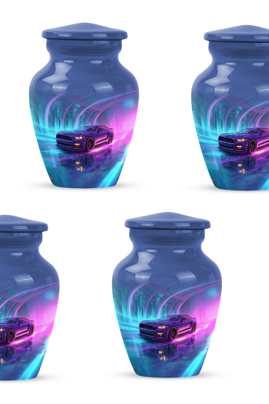 Misty Blue Car Cremation Urn side profile showing urn shape - timeless car motif etched into premium metal - 10 inch aluminum urn for cremated remains