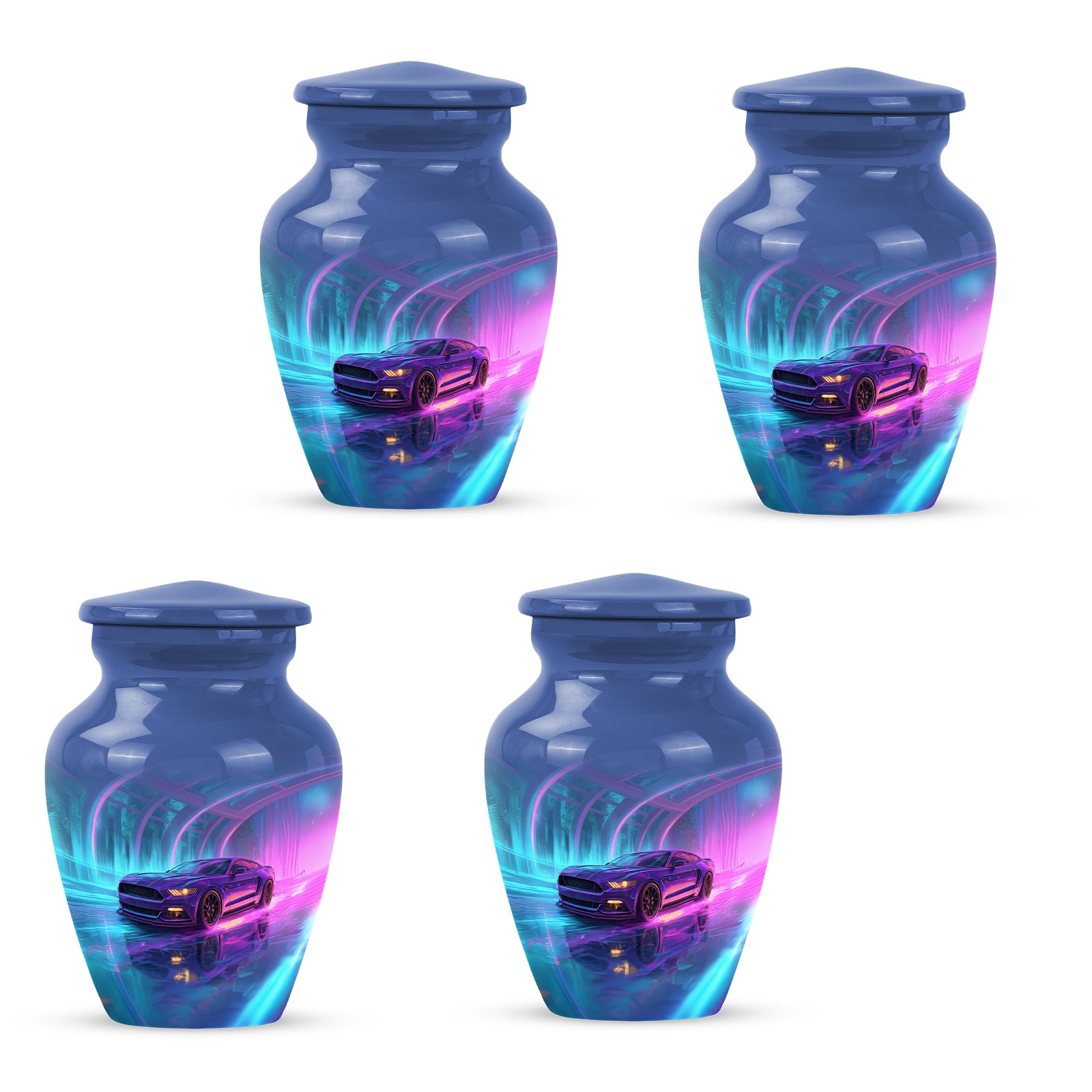 Misty Blue Car Cremation Urn side profile showing urn shape - timeless car motif etched into premium metal - 10 inch aluminum urn for cremated remains