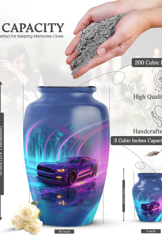 Cobalt Blue Car Cremation Urn close-up of engraving and surface detail - traditional car engraving with hand-polished finish - mini keepsake memorial for portion of cremation ashes