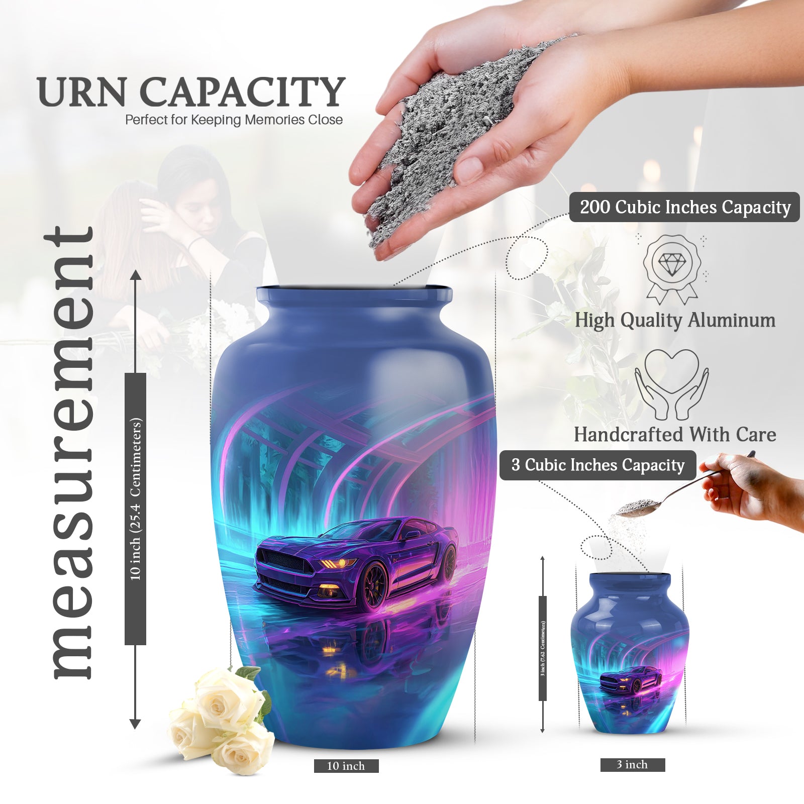 Cobalt Blue Car Cremation Urn close-up of engraving and surface detail - traditional car engraving with hand-polished finish - mini keepsake memorial for portion of cremation ashes
